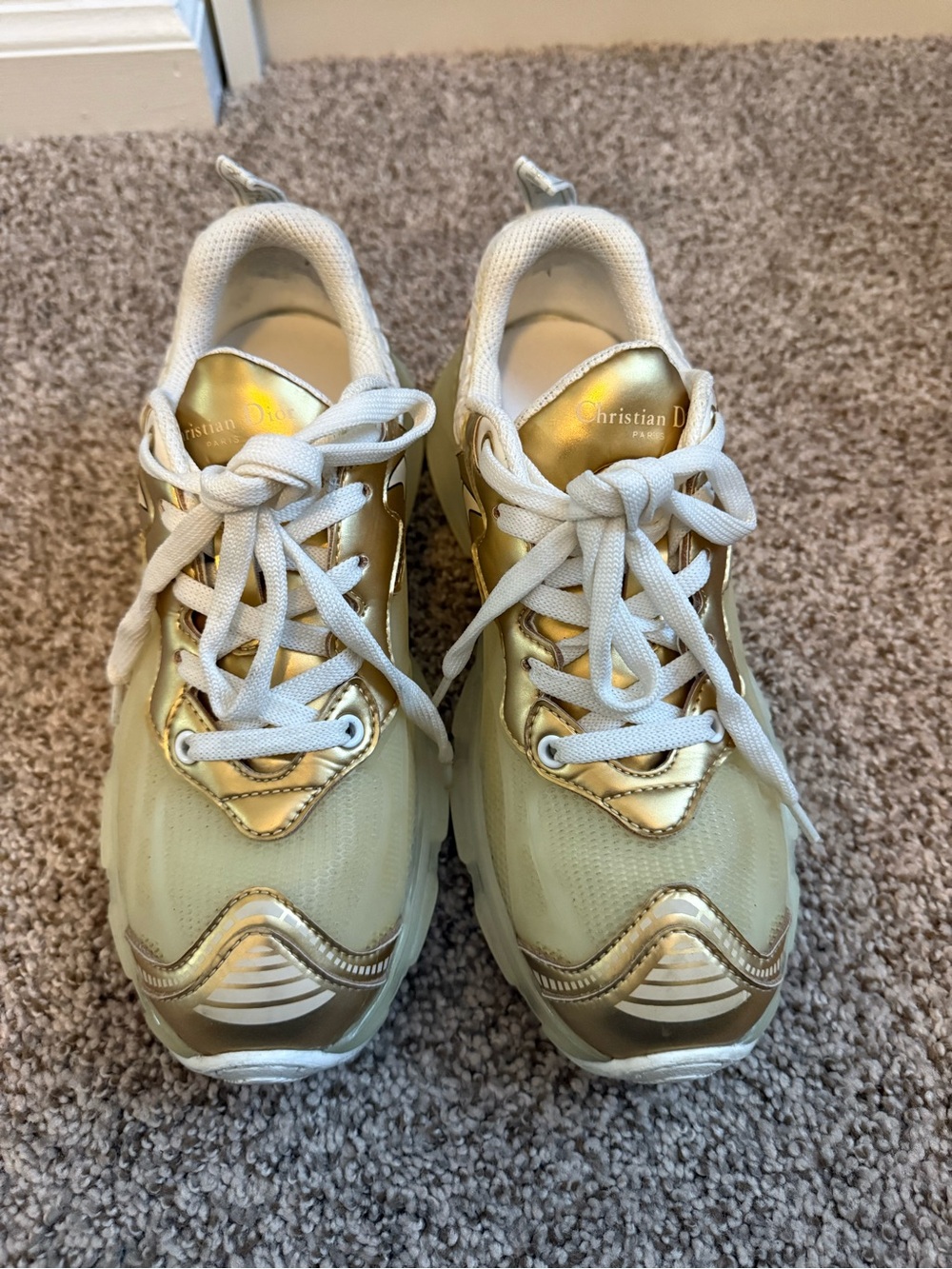 Dior Gold and White Metallic Lace-Up Sneakers